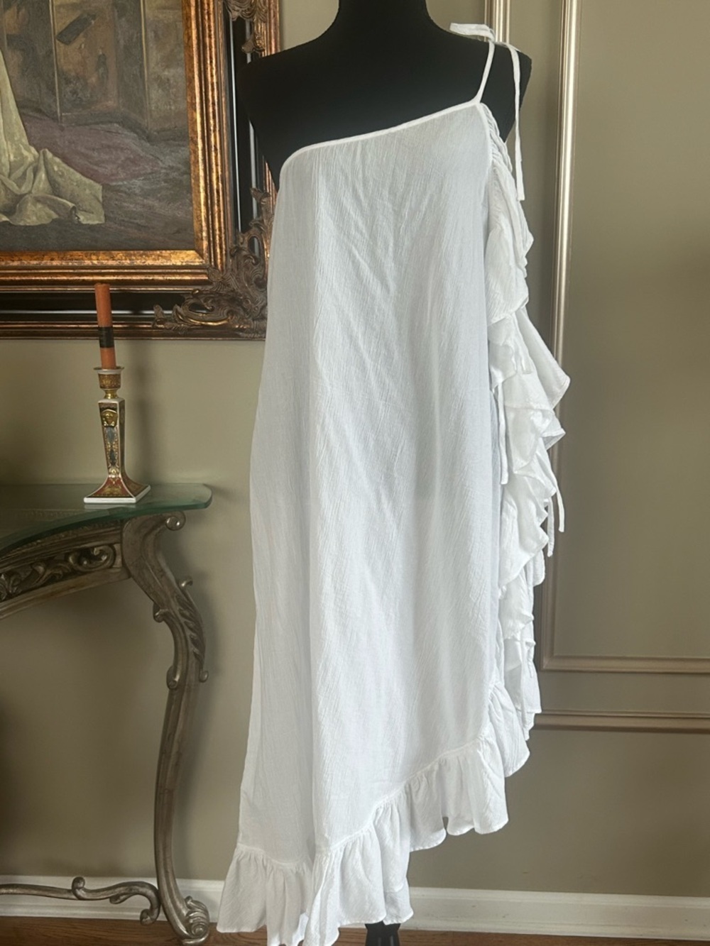 J.Crew One Shoulder Ruffle Midi Dress White Resort Vacation Coverup Medium - Picture 2 of 8
